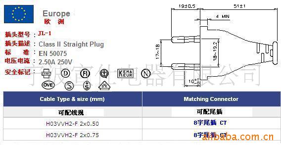 【优质】扁插头配八8字尾插 欧洲插头电源线 vde插头电源线